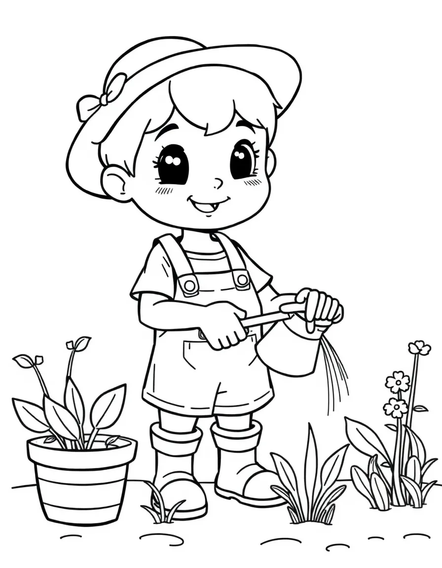 Cute cartoon gardener watering plants coloring book page