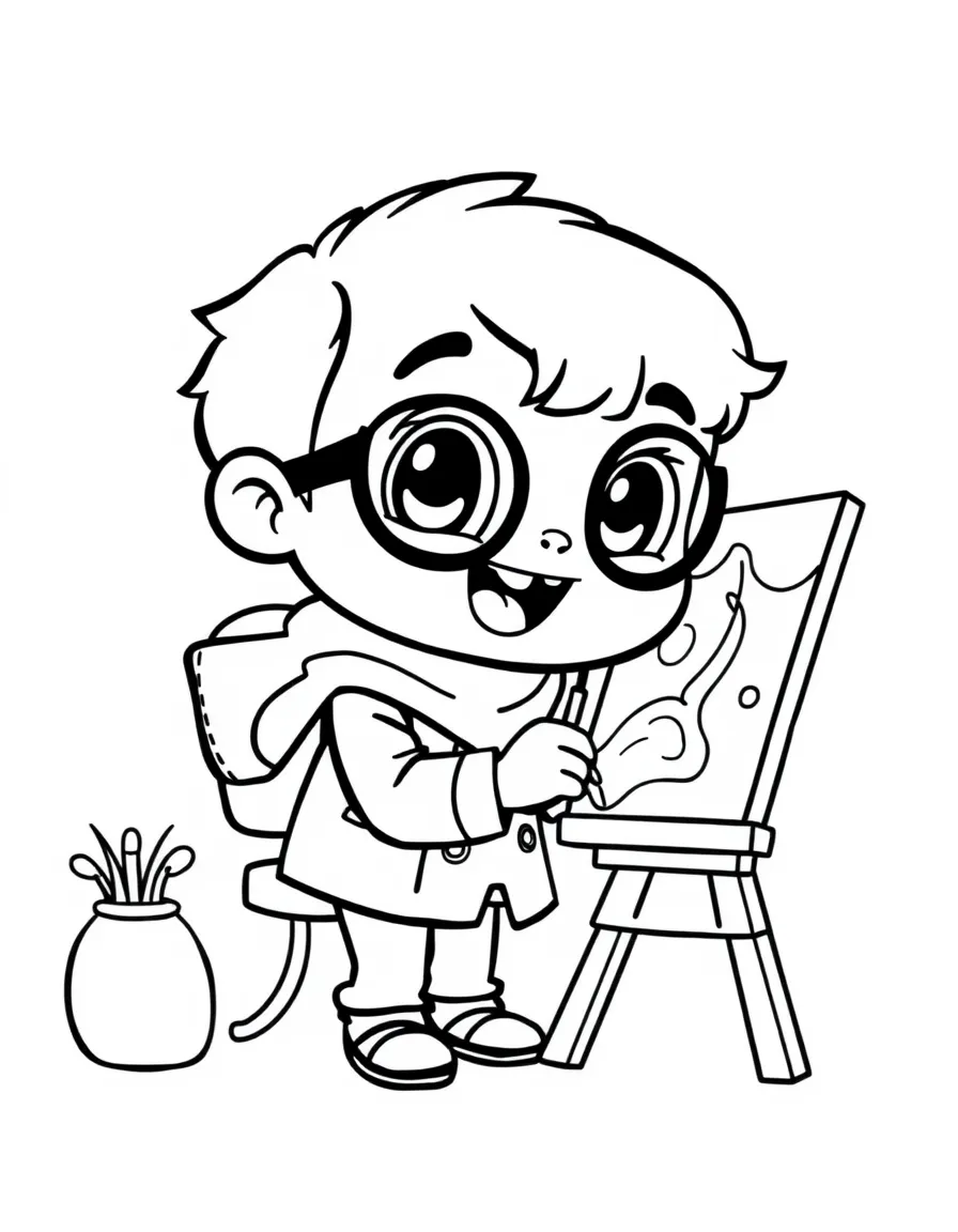 Cute cartoon artist painting a picture coloring book page