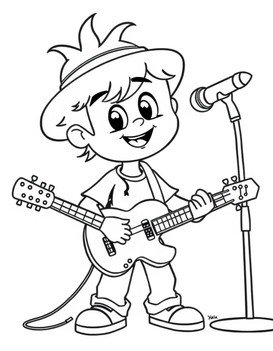 Cute cartoon musician playing a guitar coloring book page