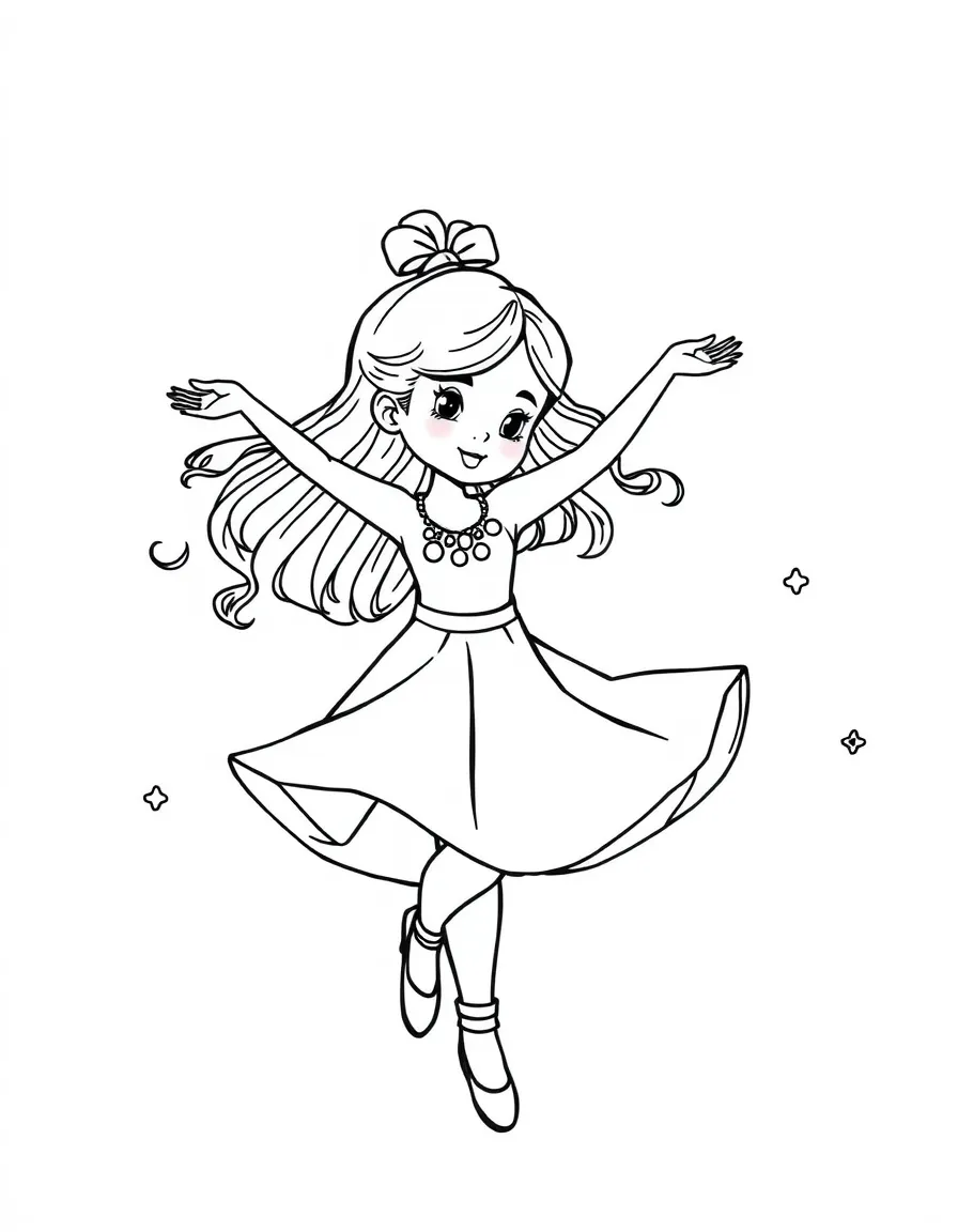 Cute cartoon dancer twirling around coloring book page