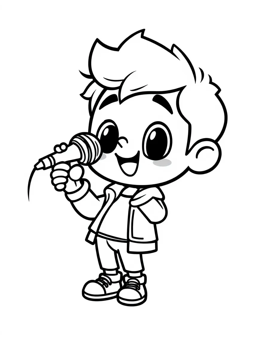 Cute cartoon singer holding a microphone coloring book page