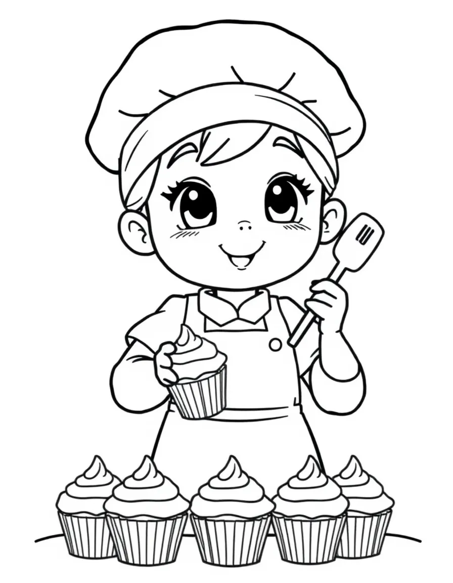 Cute cartoon baker decorating cupcakes coloring book page