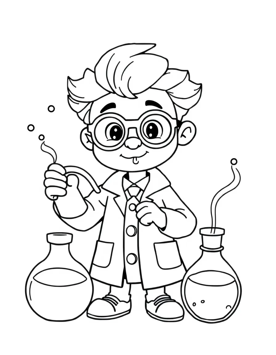 Cute cartoon scientist mixing potions coloring book page