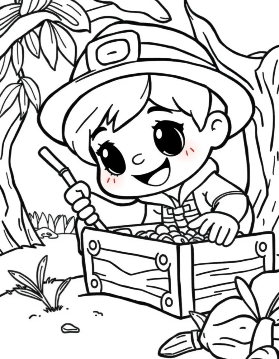 Cute cartoon explorer finding a treasure chest coloring book page