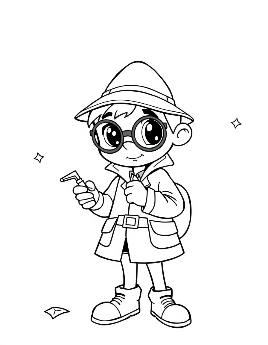 Cute cartoon detective looking for clues coloring book page