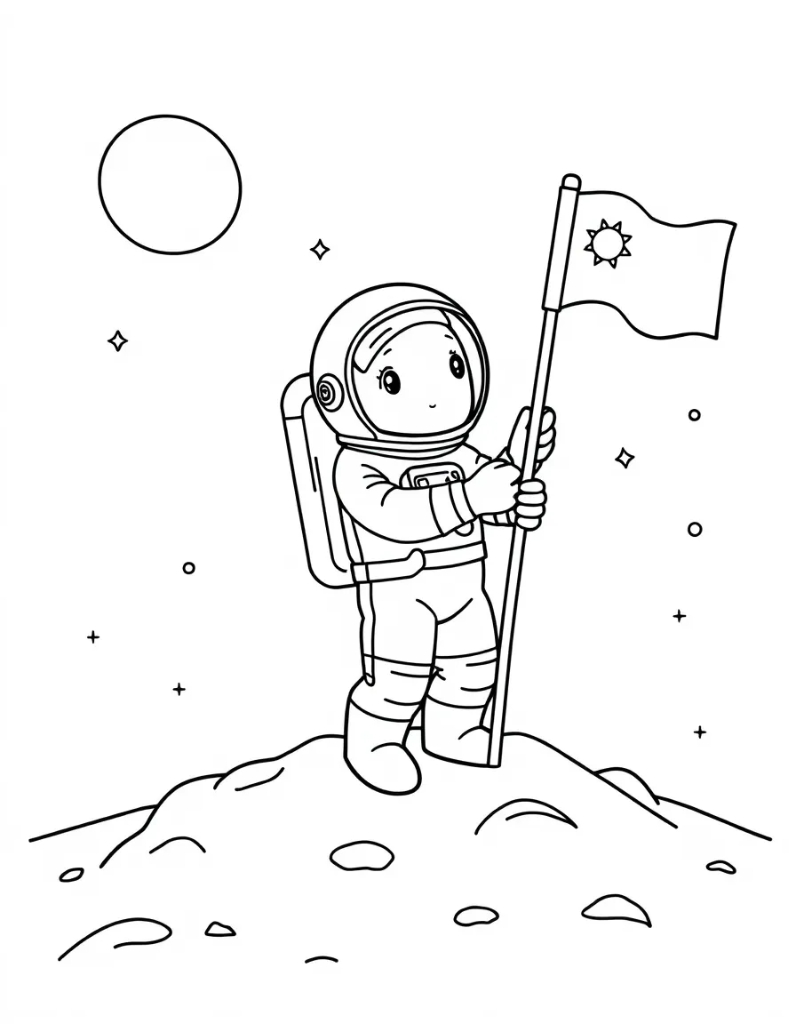 Cute cartoon astronaut planting a flag on the moon coloring book page
