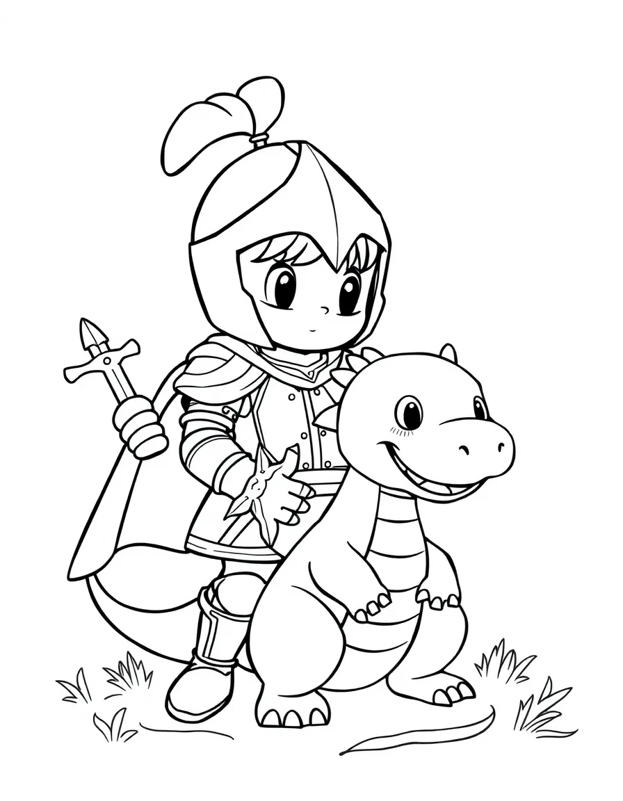 Cute cartoon knight rescuing a small dragon coloring book page