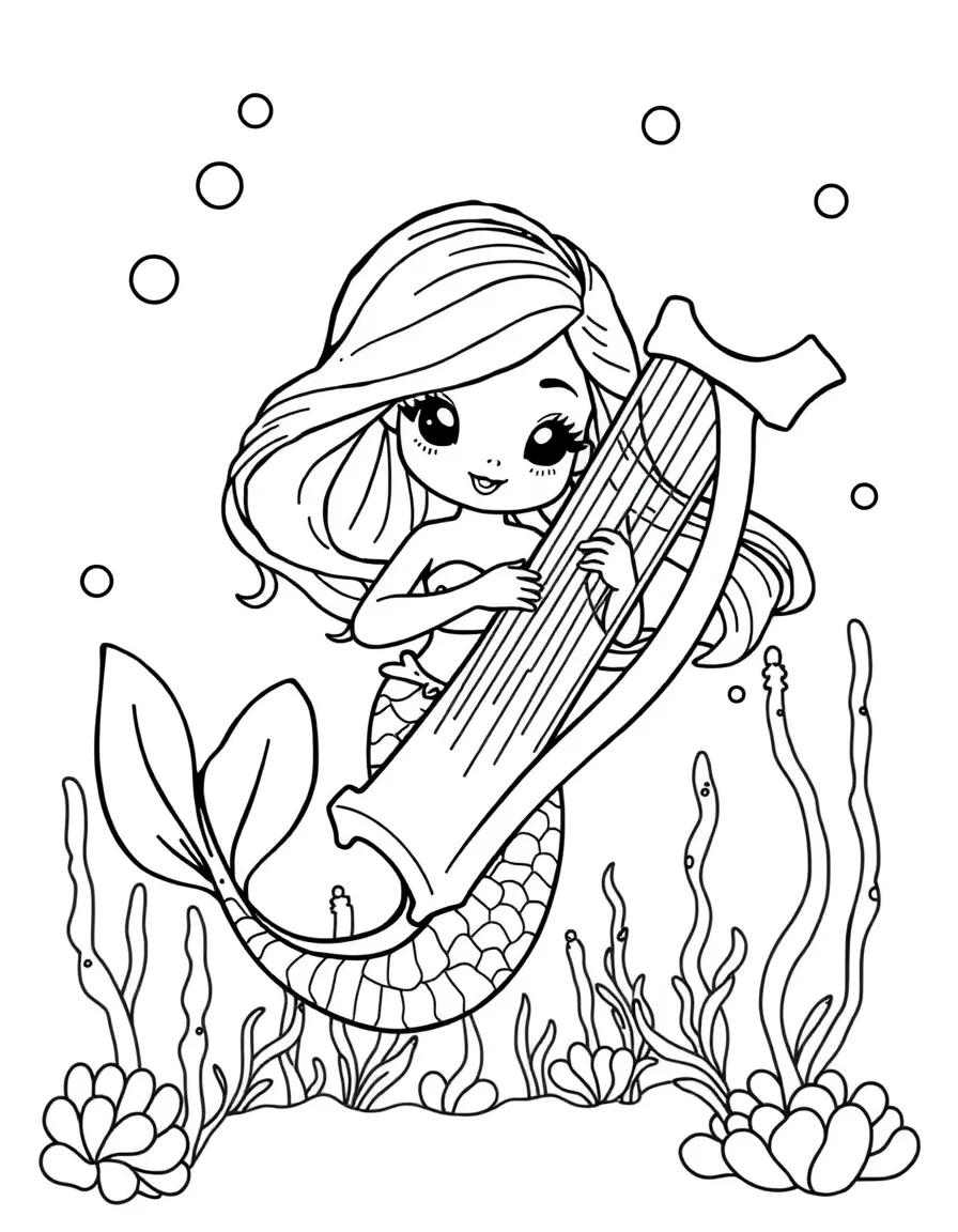 Cute cartoon mermaid playing a harp underwater coloring book page