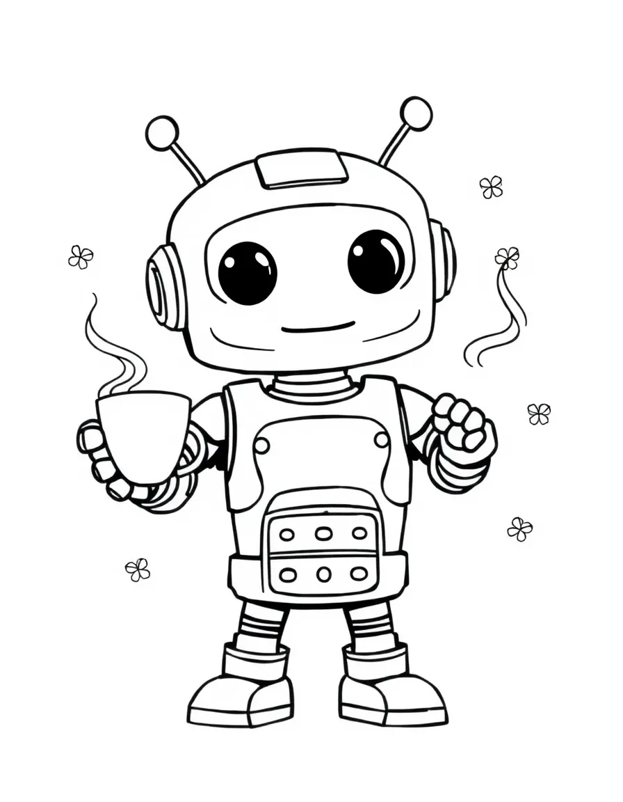 Cute cartoon robot serving tea coloring book page