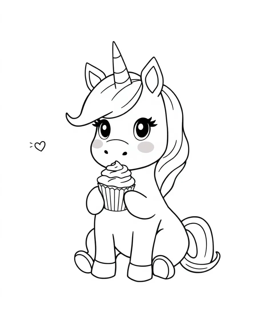 Cute cartoon unicorn eating cupcakes coloring book page