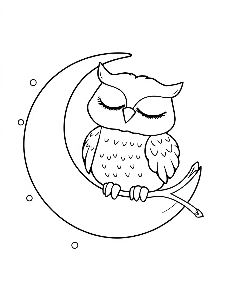 Cute cartoon owl sleeping on a crescent moon coloring book page