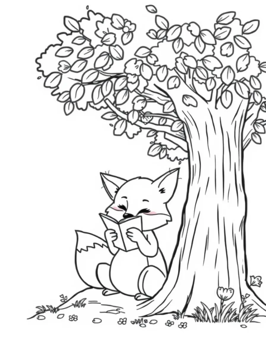 Cute cartoon fox reading under a tree coloring book page