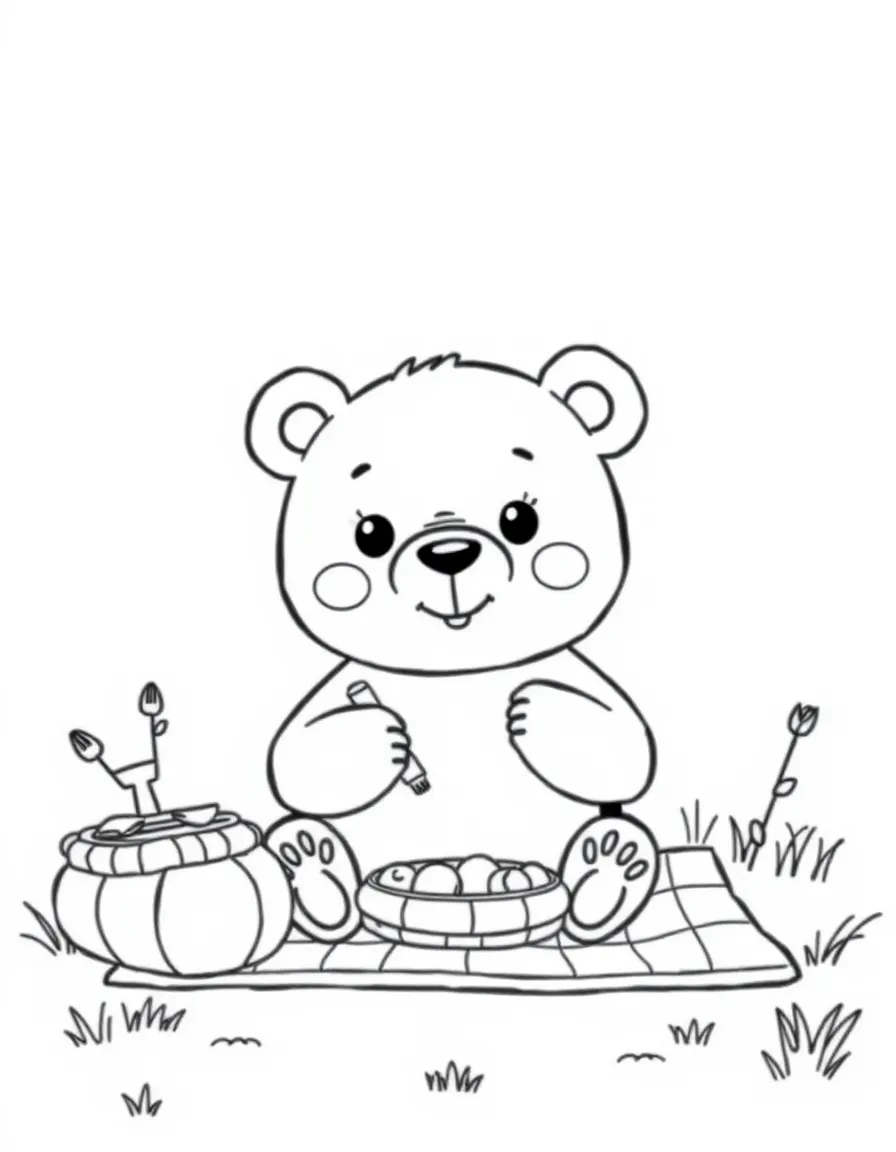 Cute cartoon bear having a picnic coloring book page