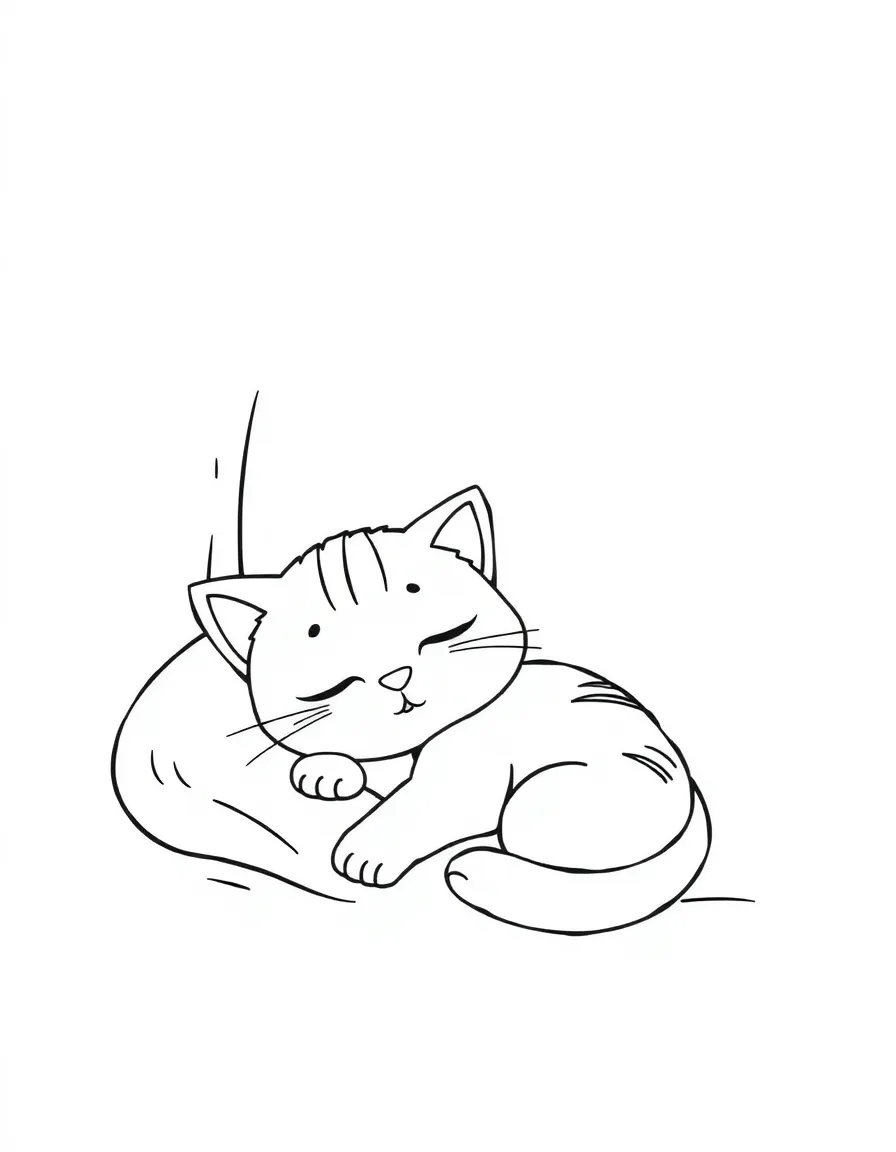 Cute cartoon cat napping in a sunbeam coloring book page