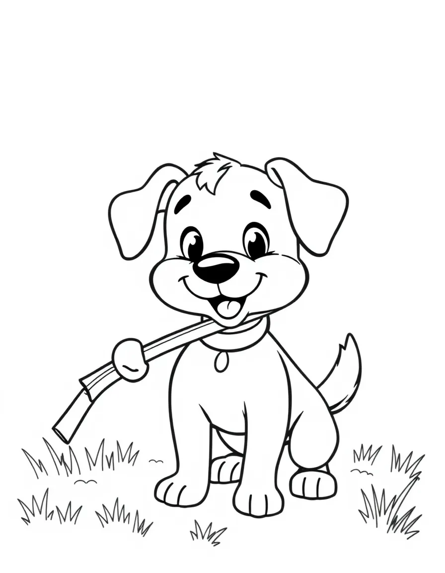 Cute cartoon dog fetching a stick coloring book page