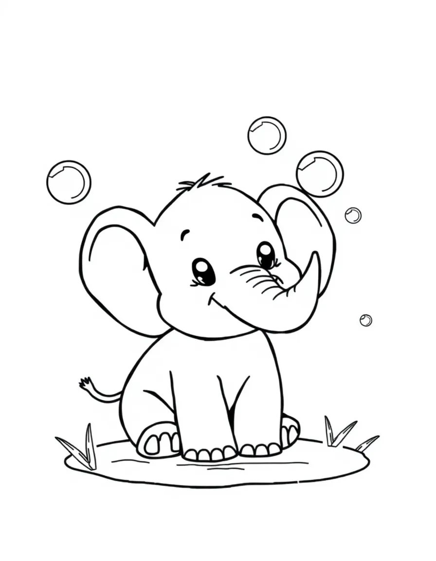 Cute cartoon elephant blowing bubbles coloring book page