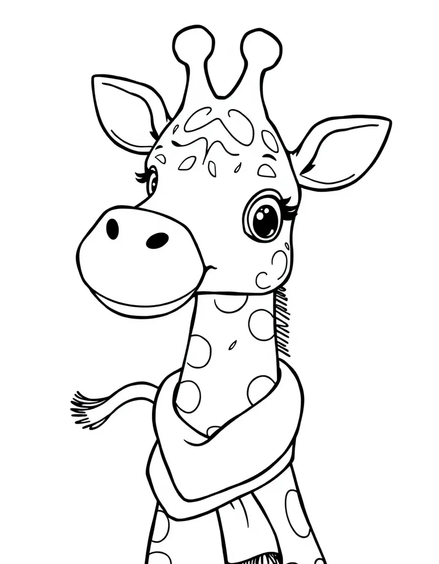 Cute cartoon giraffe wearing a scarf coloring book page