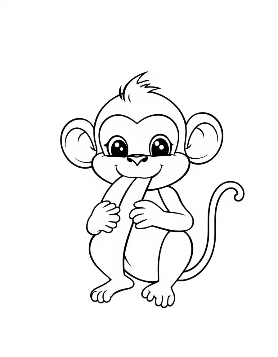Cute cartoon monkey eating a banana coloring book page