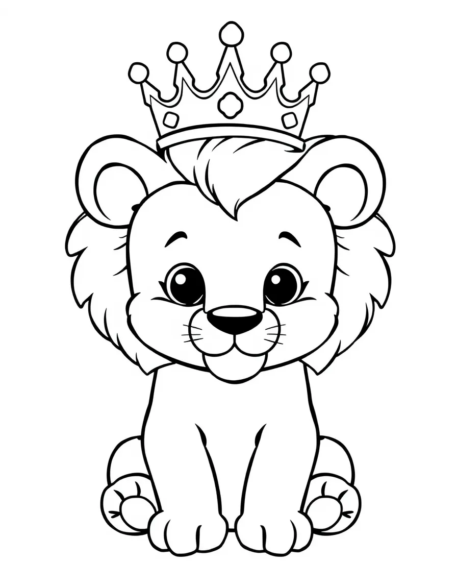 Cute cartoon lion cub wearing a crown coloring book page
