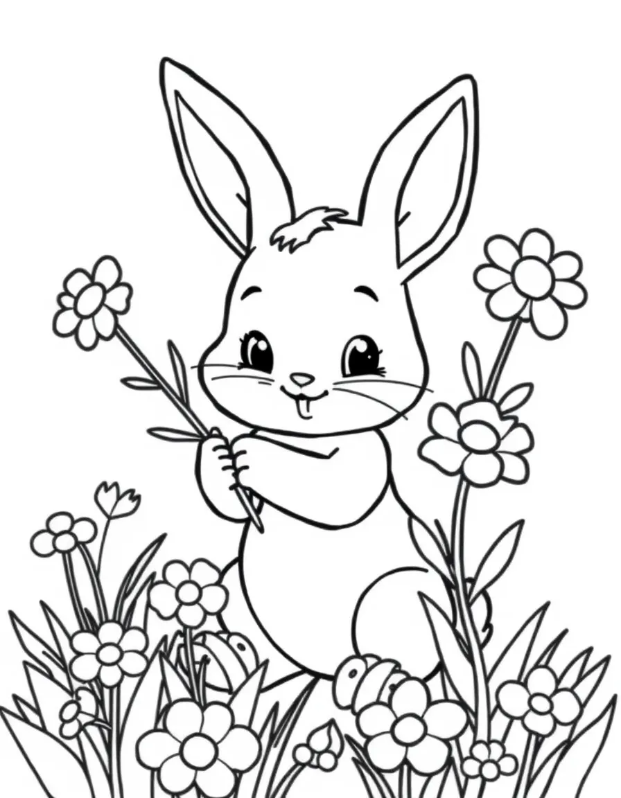 Cute cartoon bunny picking flowers coloring book page