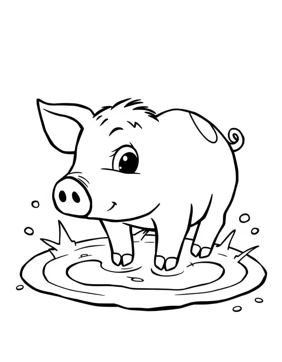 Cute cartoon pig playing in a mud puddle coloring book page