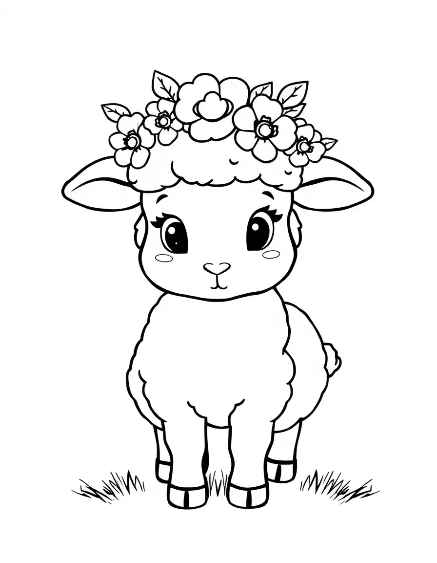 Cute cartoon sheep with a flower crown coloring book page