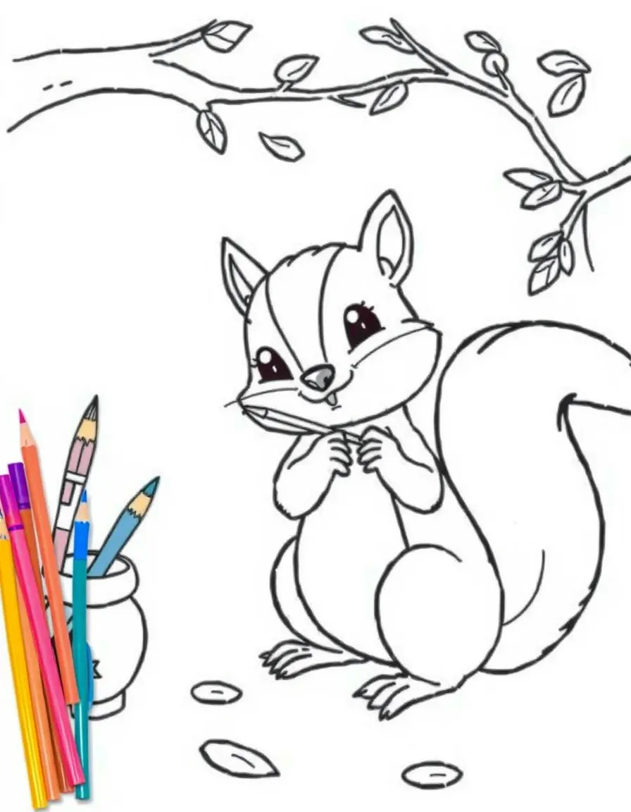Cute cartoon squirrel painting a tiny masterpiece coloring book page