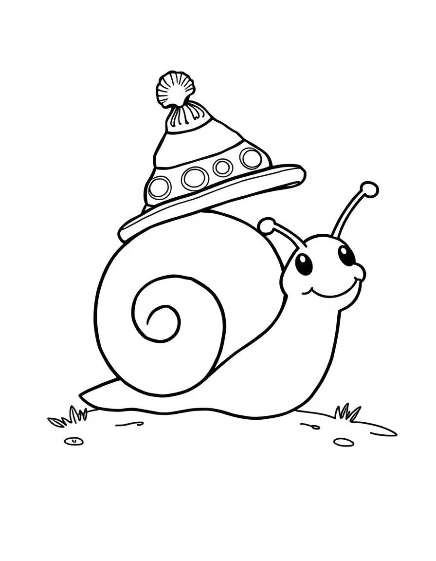 Cute cartoon snail with a tiny hat coloring book page