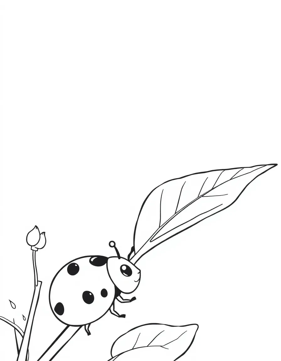 Cute cartoon ladybug drinking from a leaf coloring book page