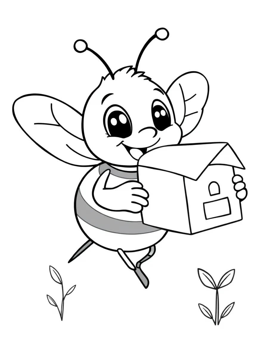 Cute cartoon bee delivering mail coloring book page