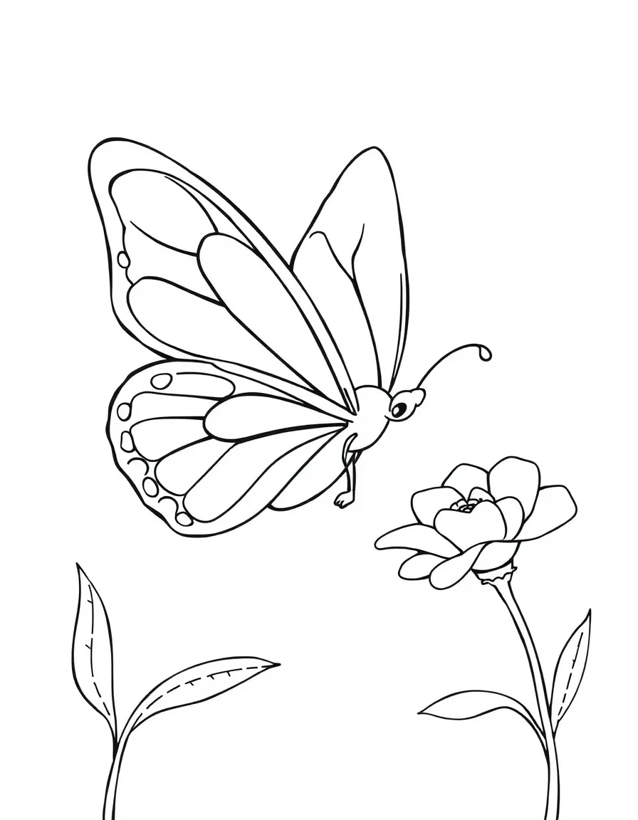 Cute cartoon butterfly sipping nectar coloring book page
