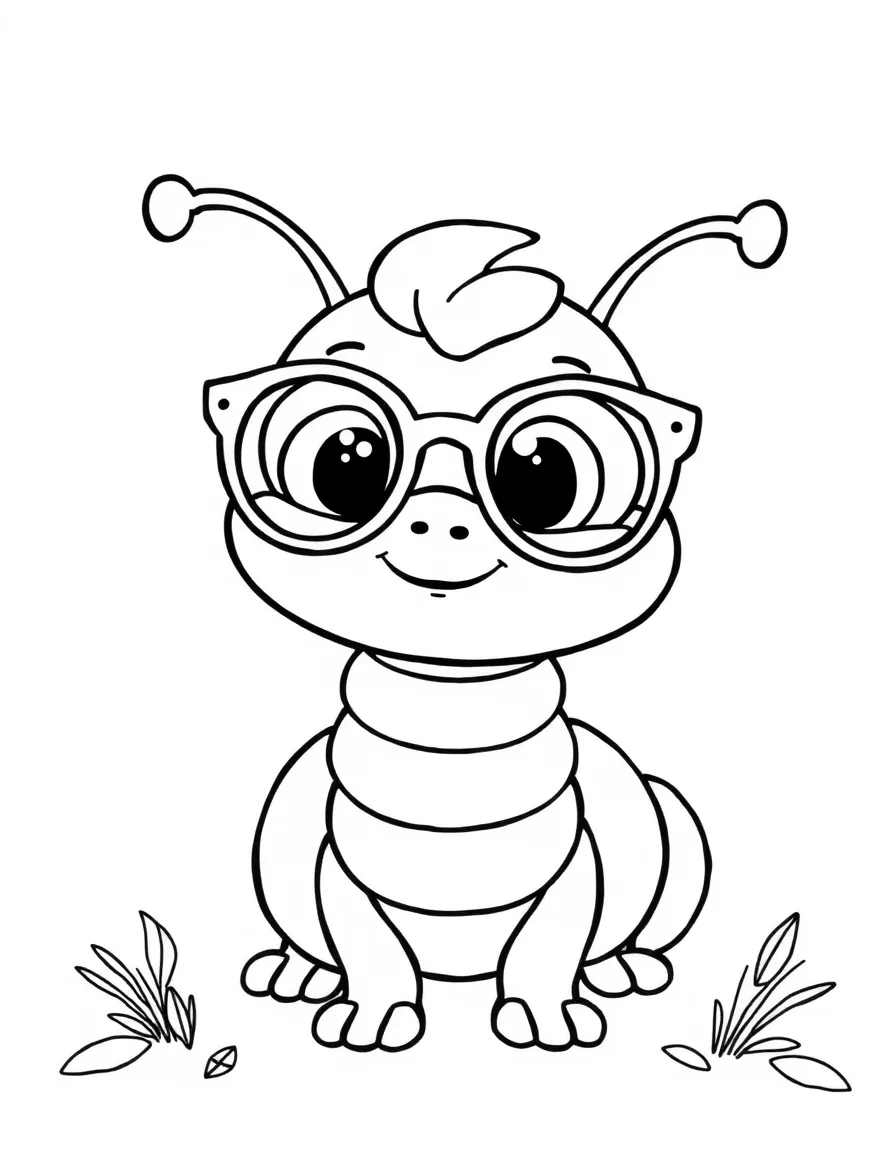 Cute cartoon caterpillar wearing glasses coloring book page