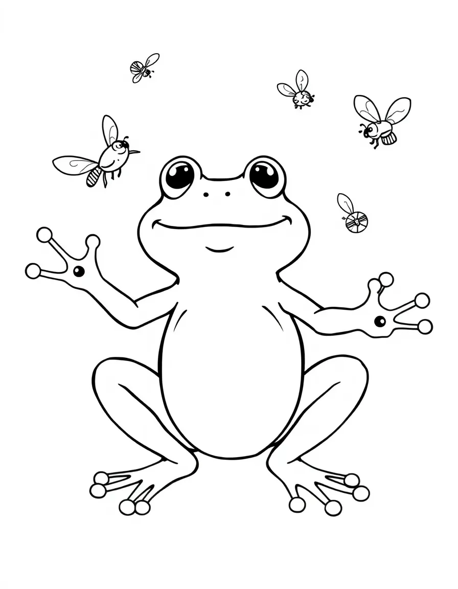 Cute cartoon frog juggling flies coloring book page