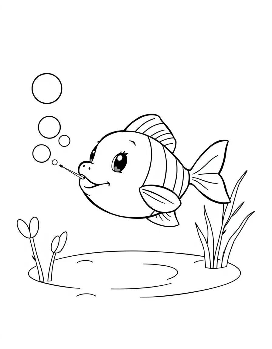 Cute cartoon fish blowing bubbles in a pond coloring book page