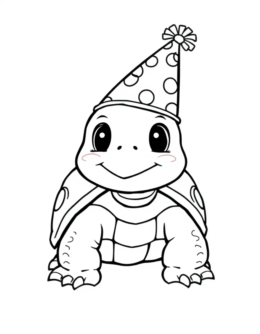 Cute cartoon turtle wearing a party hat coloring book page