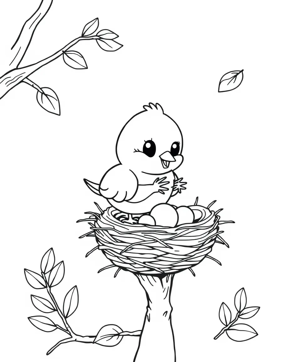 Cute cartoon bird building a nest coloring book page