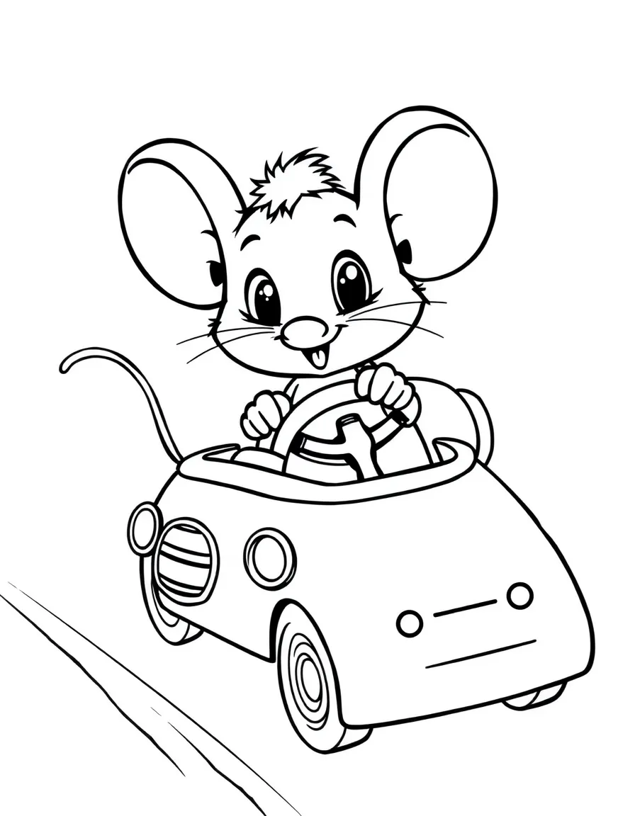 Cute cartoon mouse driving a tiny car coloring book page