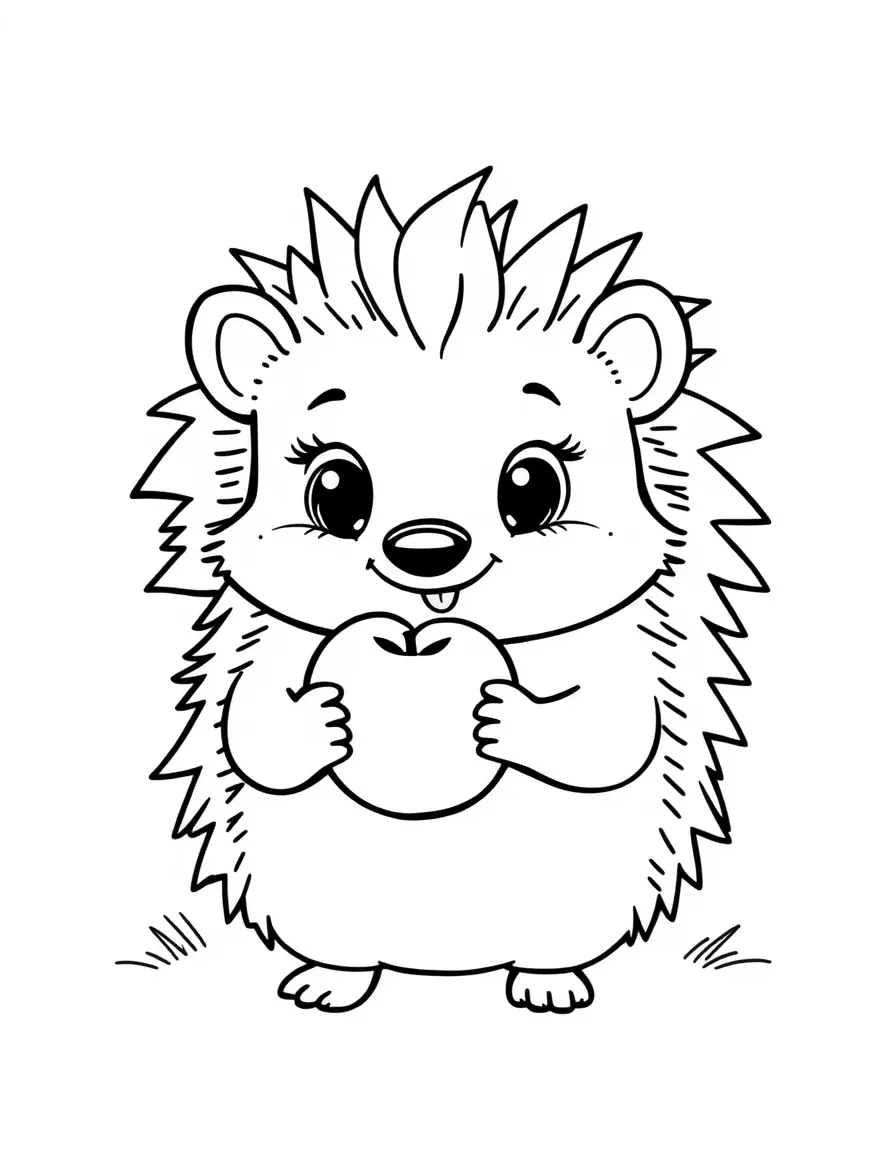 Cute cartoon hedgehog holding a tiny apple coloring book page