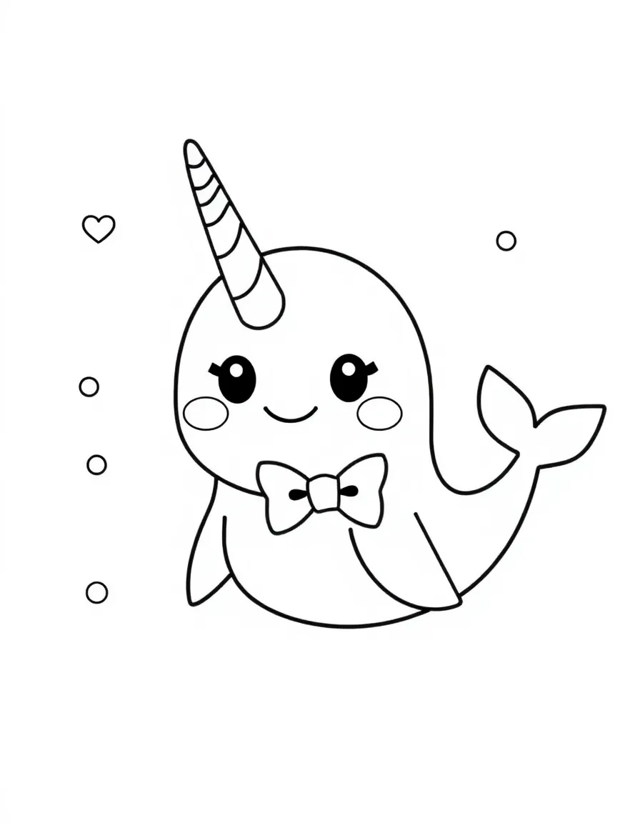 Cute cartoon narwhal wearing a bowtie coloring book page