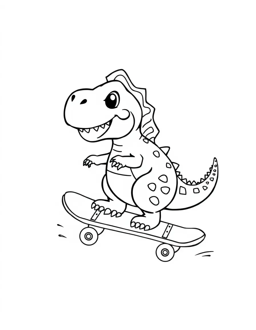 Cute cartoon dinosaur riding a skateboard coloring book page