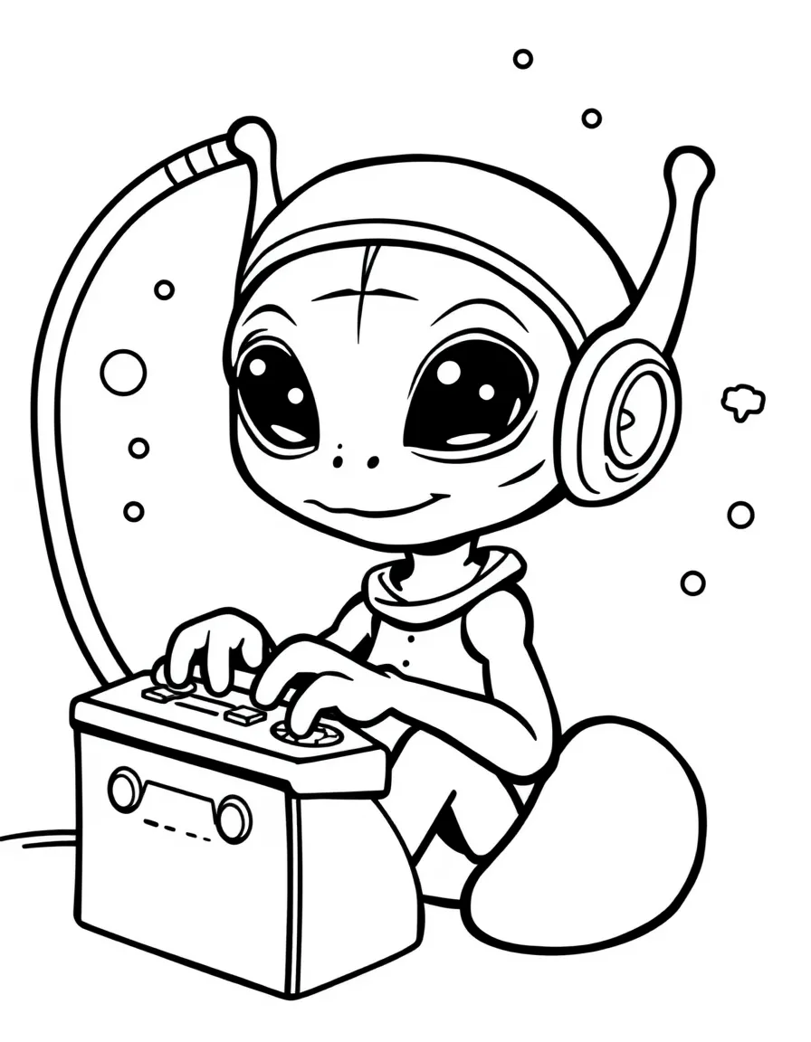 Cute cartoon alien playing a video game coloring book page