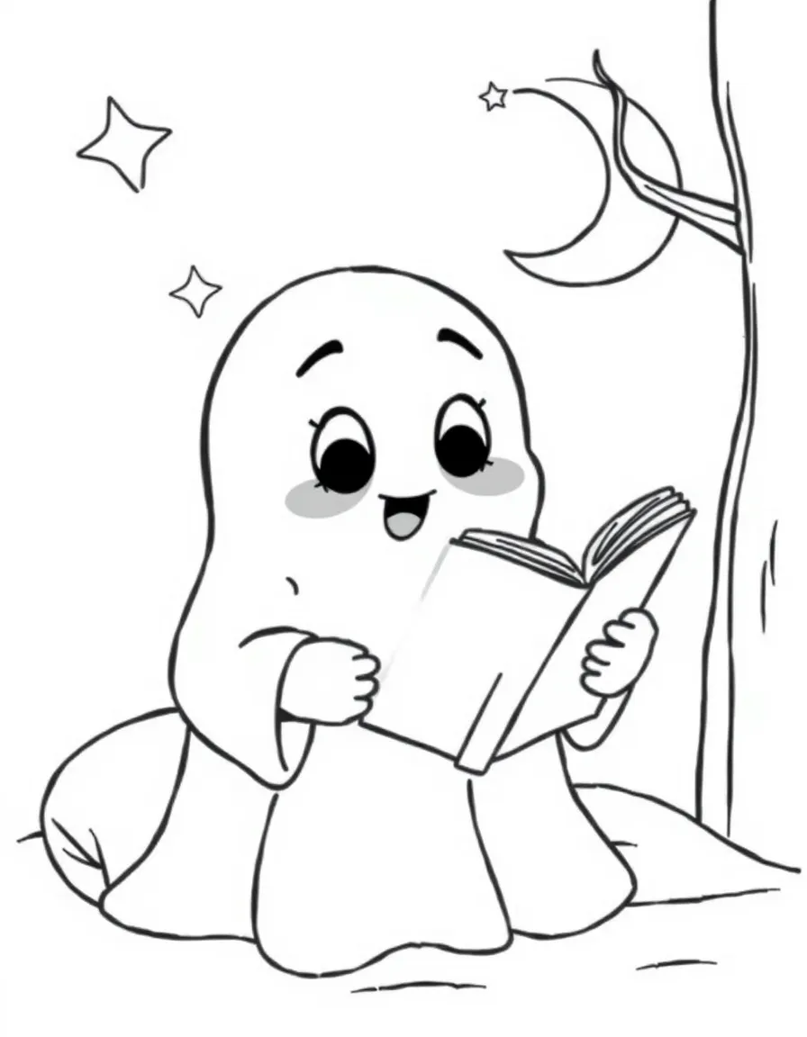 Cute cartoon ghost reading a bedtime story coloring book page