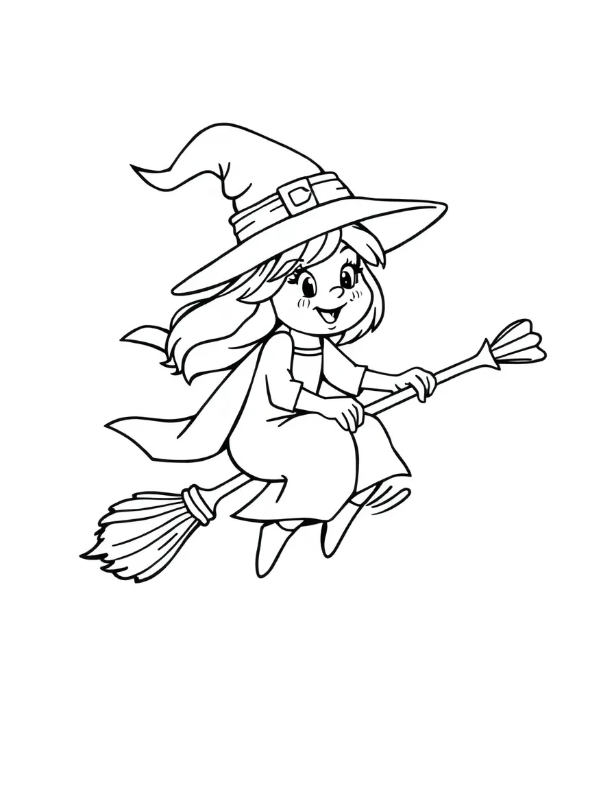 Cute cartoon witch flying on a broomstick coloring book page