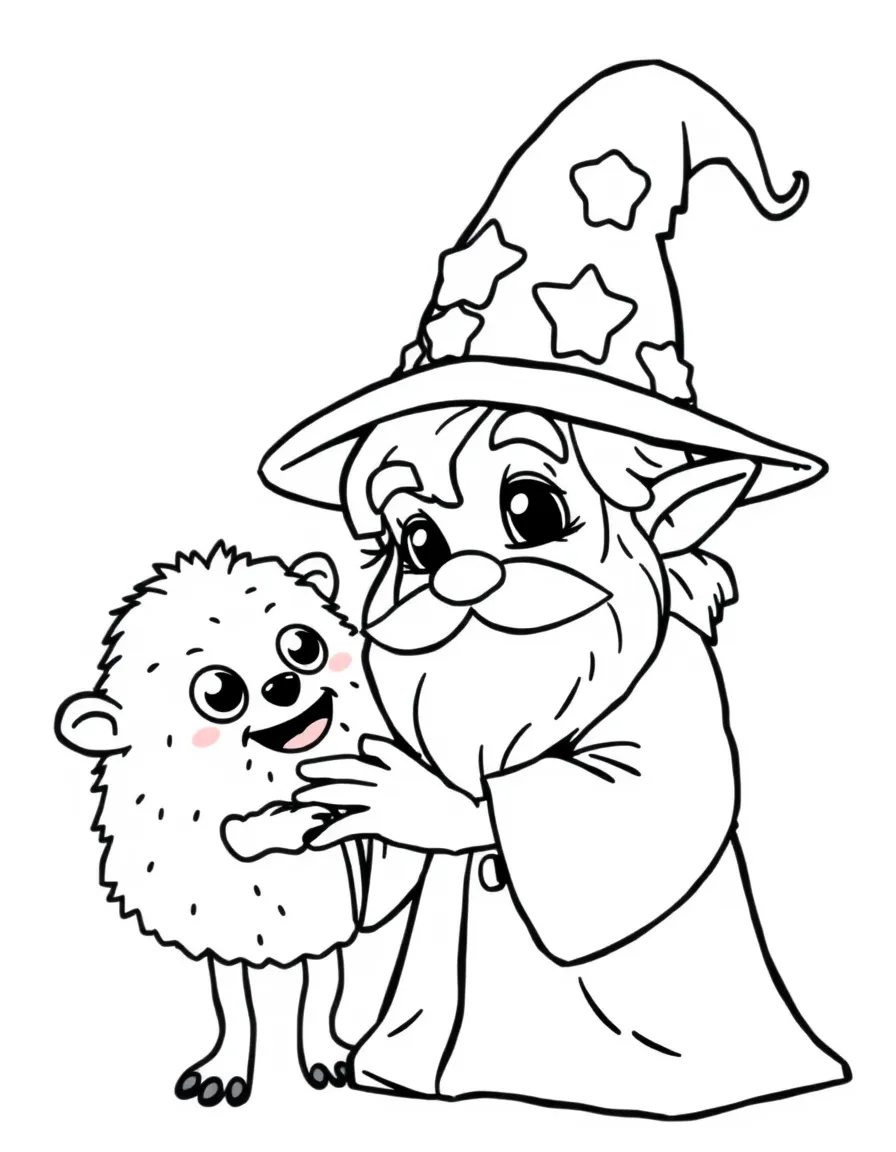 Cute cartoon wizard petting a fluffy monster coloring book page