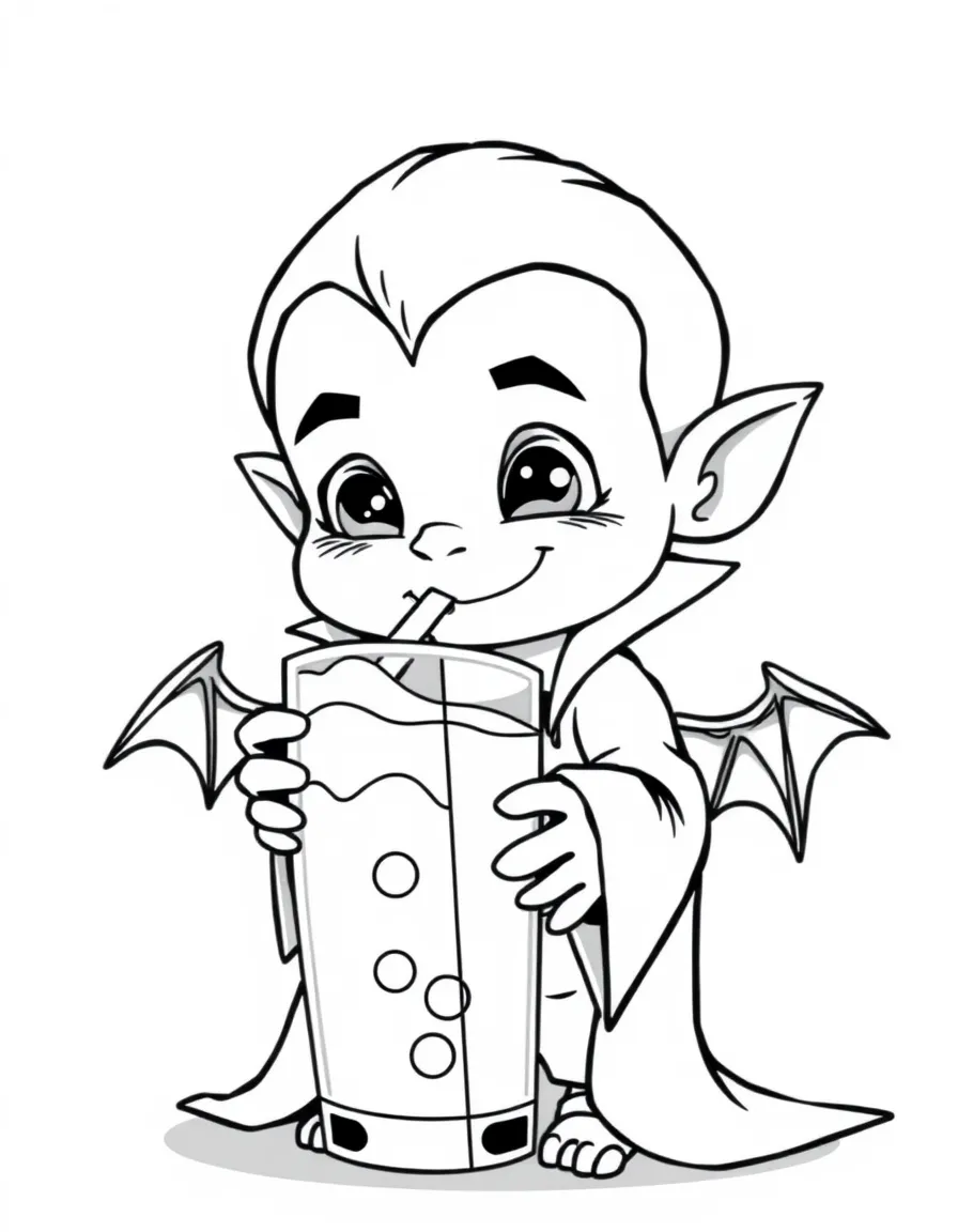 Cute cartoon vampire drinking juice box coloring book page