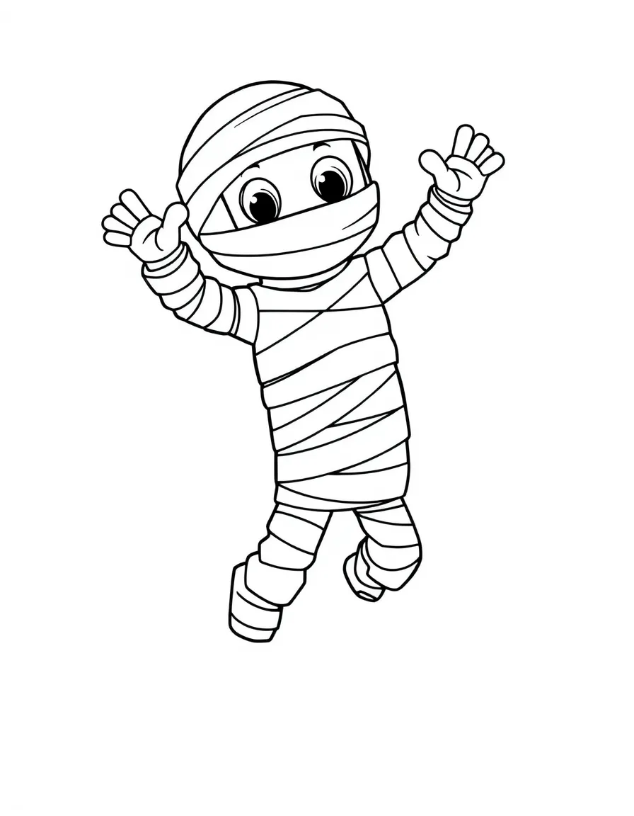 Cute cartoon mummy doing jumping jacks coloring book page