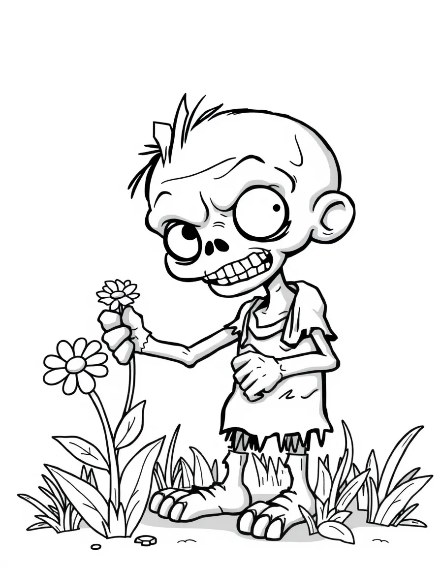 Cute cartoon zombie offering a flower coloring book page