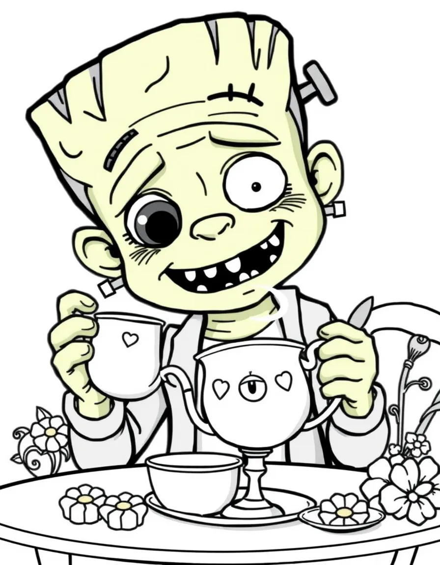 Cute cartoon Frankenstein's monster having a tea party coloring book page