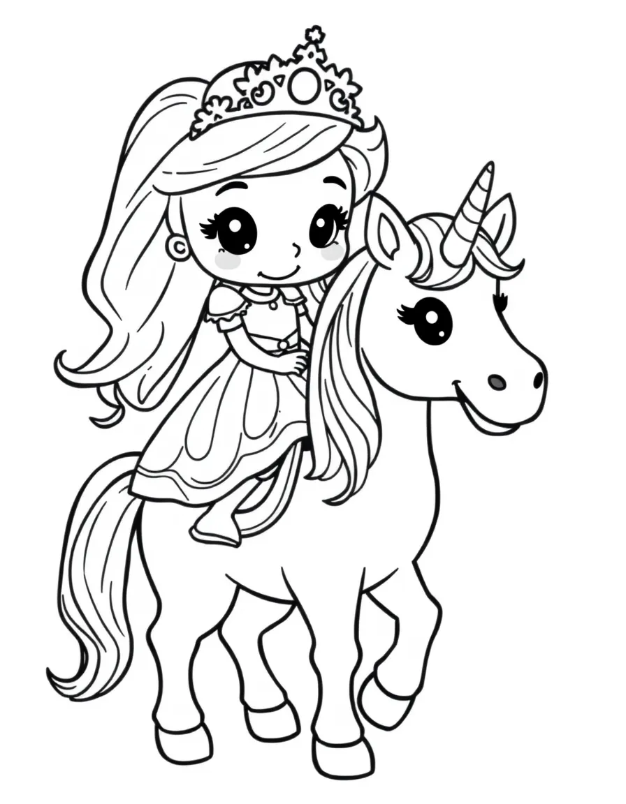 Cute cartoon princess riding a unicorn coloring book page