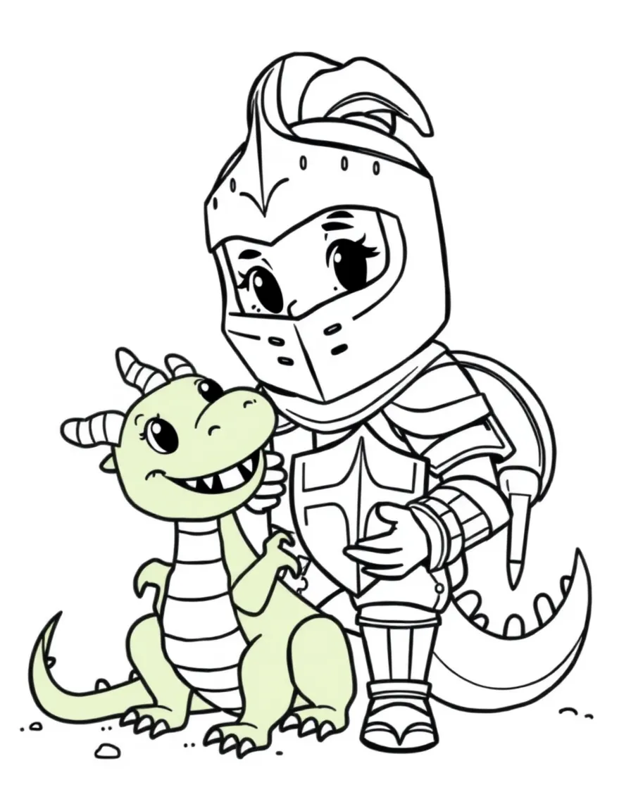 Cute cartoon knight sharing a snack with a dragon coloring book page